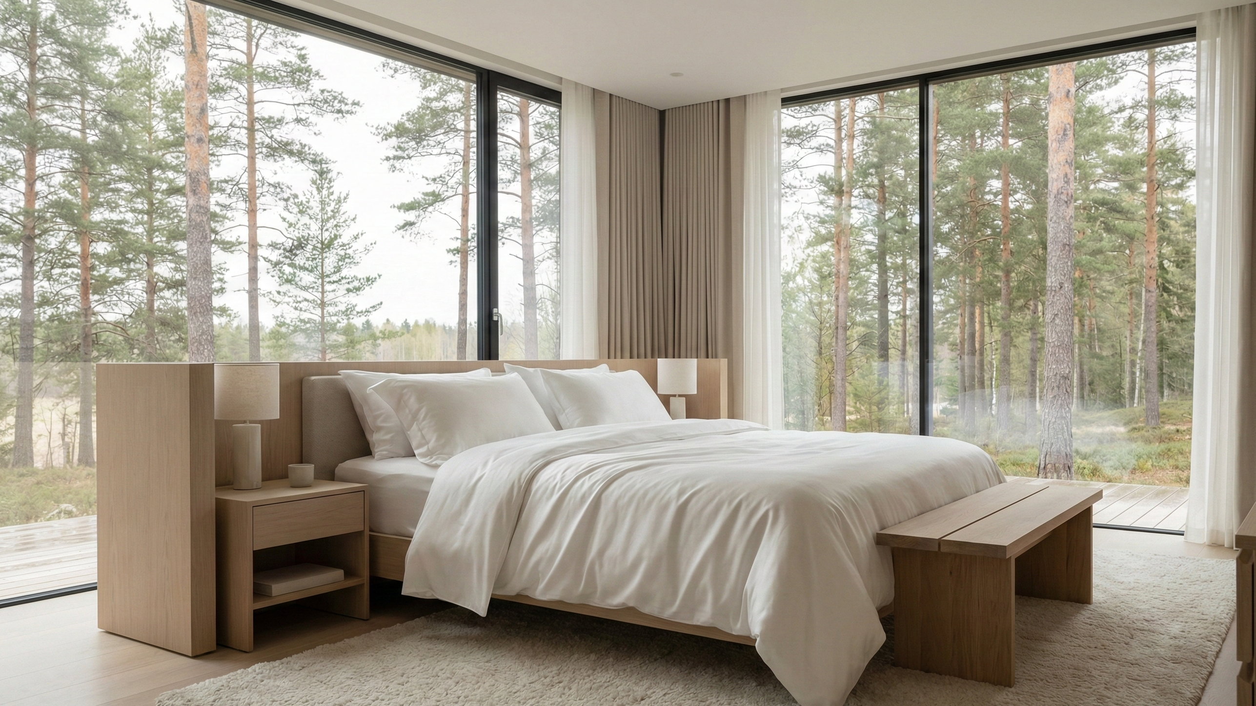 Preisgekrönt fotografiertes Scandi Quiet Luxury Schlafzimmer mit tonaler Bettwäsche, hellem Holz und weichem Morgenlicht