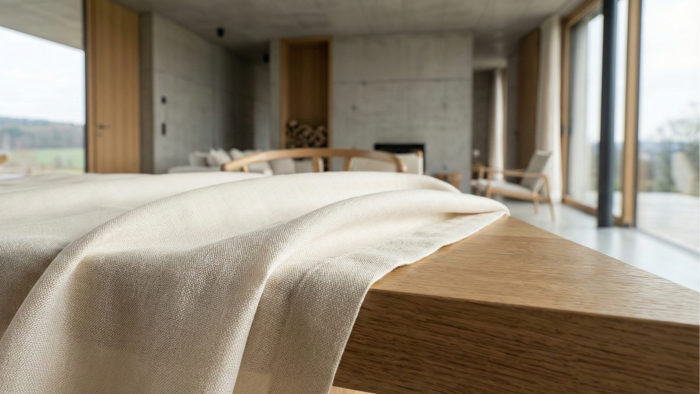 Nahaufnahme der feinen Webstruktur von hochwertiger TENCEL™ Lyocell Bettwäsche auf einem massiven Holztisch in einem minimalistisch eingerichteten Raum