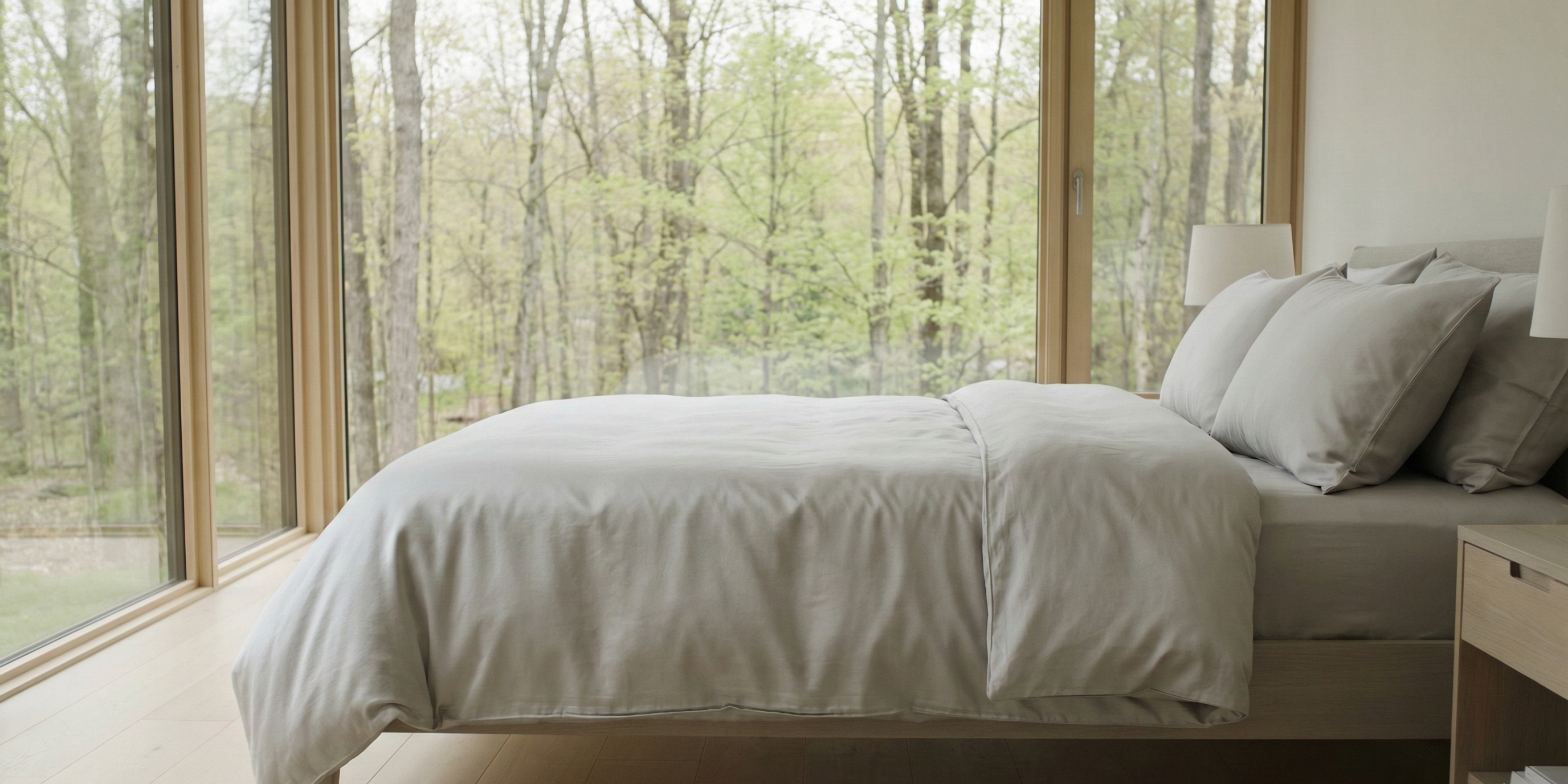 Modernes Bett mit luxuriöser Lyocell-Satin-Bettwäsche in Hellgrau, platziert in einem minimalistischen skandinavischen Schlafzimmer mit bodentiefen Fenstern und Blick auf einen grünen Frühlingswald.
