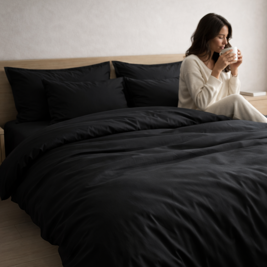 Minimalistisches skandinavisches Luxusschlafzimmer mit großem Bett in TENCEL™ Percale-Bettwäsche in schwarz; eine Frau sitzt auf dem Bett und trinkt Tee bei weichem Morgenlicht