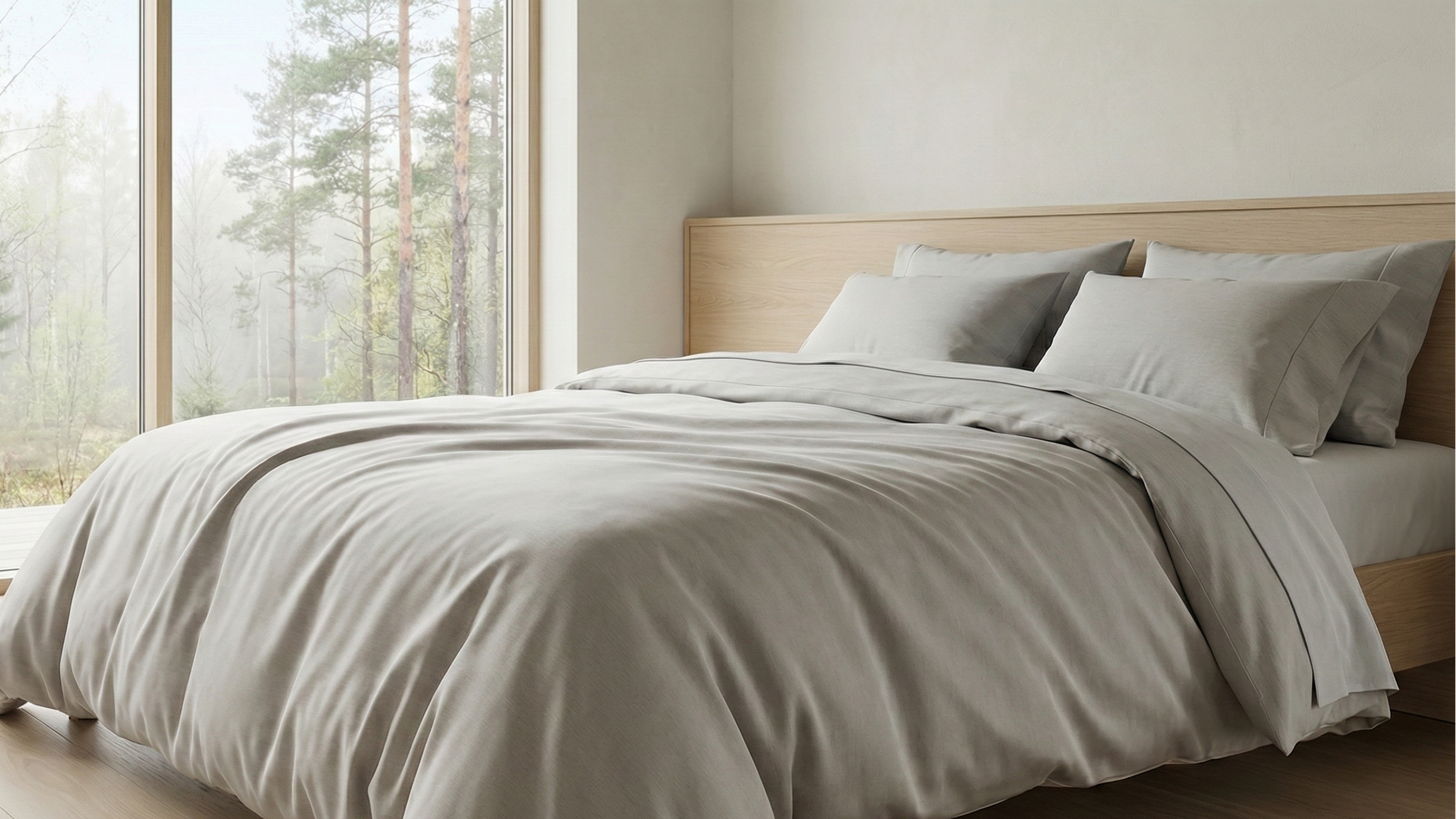 Modernes skandinavisches Schlafzimmer im minimalistischen Stil mit luxuriöser hellgrauer TENCEL™-Satinbettwäsche. Ein raumhohes Fenster bietet einen ruhigen Ausblick auf einen nebligen Frühlingswald mit Birken und Kiefern. Sanftes, natürliches Tageslicht beleuchtet die glatte Textur des Stoffes und das helle Eichenholz-Interieur.