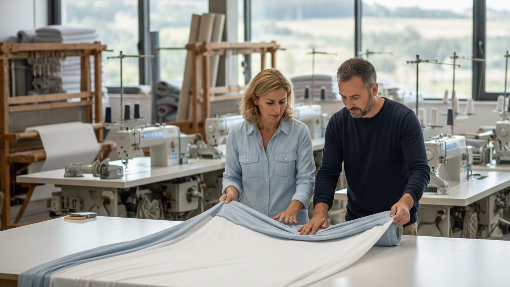 Zwei Textilexperten prüfen hochwertige TENCEL-Bettwäsche in einer modernen Manufaktur in Portugal für Nordhavn Living