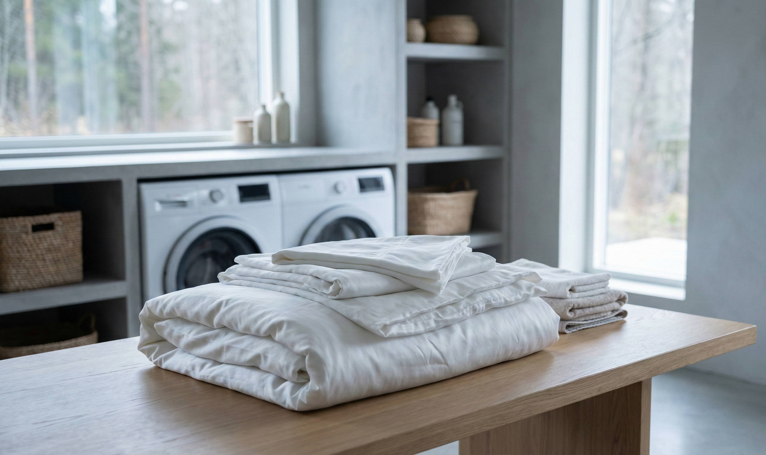 TENCEL Bettwäsche frisch gewaschen und gefaltet in minimalistischer Waschküche