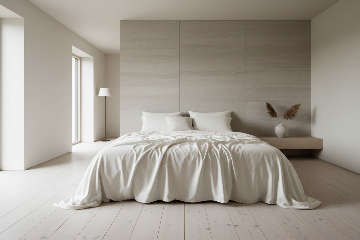 Ein ultra-luxuriöses, minimalistisches Schlafzimmer im nordischen Stil. Im Zentrum ein Bett, üppig bezogen mit Bettwäsche aus Tencel in "Quiet White" (einem cremigen Off-White). Der Stoff fällt fließend und weich, wirft sanfte Falten und zeigt einen subtilen, edlen Schimmer im diffusen Morgenlicht. Hochwertige Materialien im Raum: heller, geseifter Dinesen-Holzboden, eine Wand aus geschliffenem Naturstein. Die Atmosphäre ist teuer, ruhig, sinnlich und aufgeräumt. High-End-Interior-Fotografie.