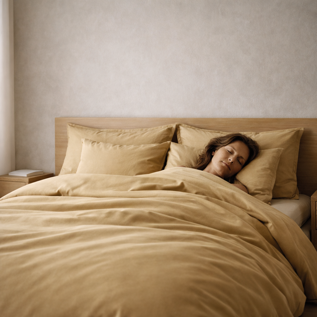 Minimalistisches skandinavisches Luxusschlafzimmer mit großem Bett in TENCEL™ Percale-Bettwäsche in aurora glow; eine Frau liegt in dem Bett und schläft bei weichem Morgenlicht