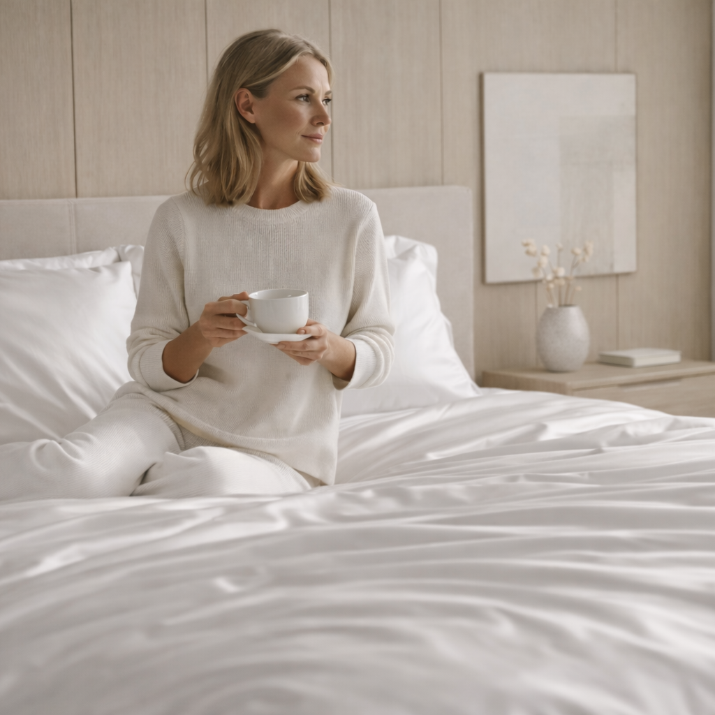 Minimalistisches skandinavisches Luxusschlafzimmer mit großem Bett in TENCEL™ Satin-Bettwäsche in weiß; eine Frau sitzt auf dem Bett und tinkt Tee bei weichem Morgenlicht