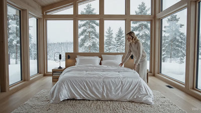 Norhavn Living Bettwäsche Aurora in Quiet White wird auf einem Minimalistischem Bett in einem modernen luxuriösen Scandi Schlasfzimmer glatt gestrichen.