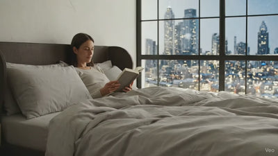 Nordhavn Living Aurora Bettwäsche in einem gemütlichen minimalistischem Scandi Schlafzimmer, draußen schneit es.